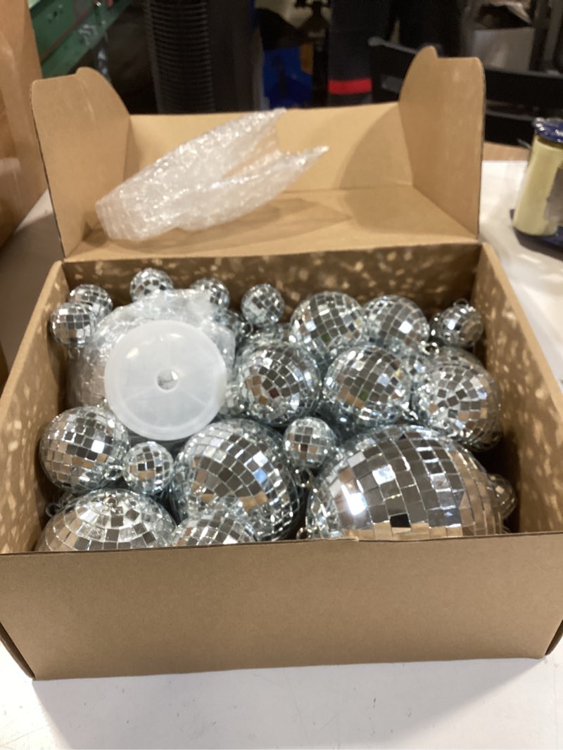 Condition photo showing Good Condition for 54 pcs mini silver disco balls - hanging mirror ornaments for party, wedding, christmas supplies 1.2 inch, 2 inch, 3.2 inch, 4 inch