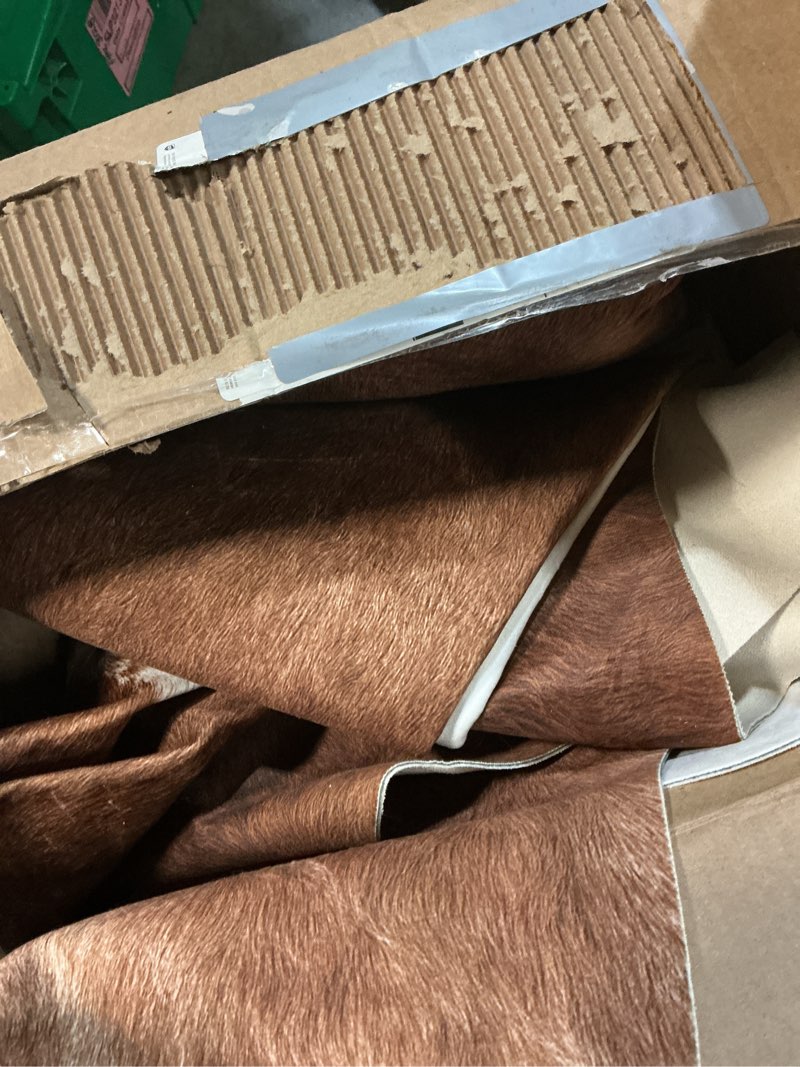 Condition photo showing Good Condition for benron premium faux cowhide rug, cow print, rustic western rugs for living room bedroom, irregular animal skin hides, 4.6 x 5.2ft, anti-skid cool carpets for cowboy cowgirl home decor, khaki brown 4'7" x 5'2" (irregular) caramel