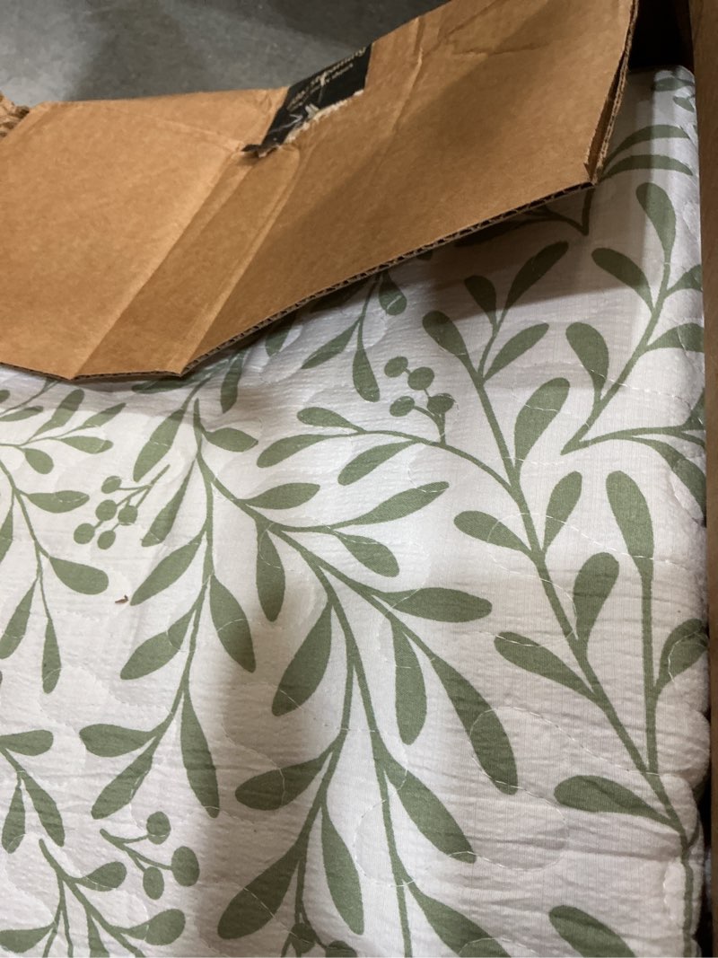 Condition photo showing As Is for madison park 3-piece reversible quilt set, botanical print & scalloped edge, lightweight summer bedding, king, market green | lightweight king sage green