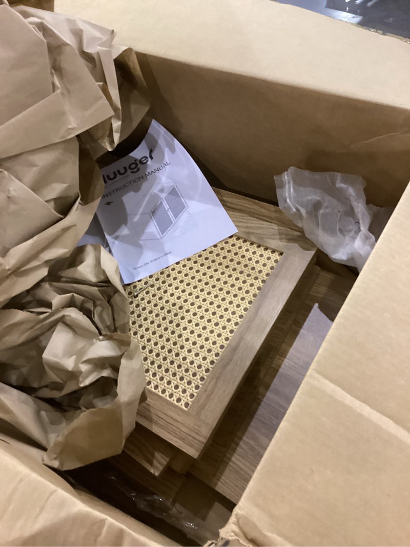 Condition photo showing As Is for Huuger Buffet Cabinet with Storage, Storage Cabinet with PE Rattan Decor Doors, Accent Sideboard Buffet with Solid Wood Feet, for Hallway, Entry, Living Room, Natural 1 Natural