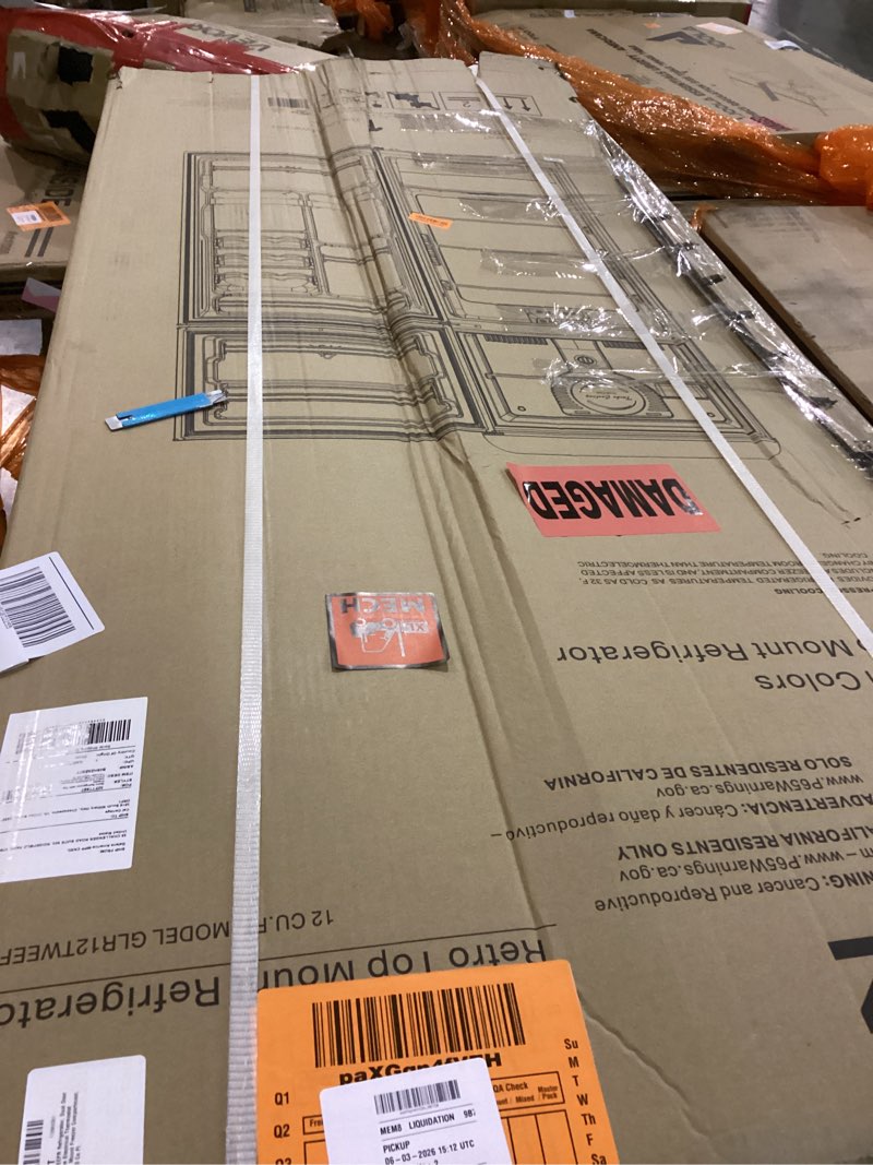 Condition photo showing As Is for Galanz GLR12TWEEFR Refrigerator, Dual Door Fridge, Adjustable Electrical Thermostat Control with Top Mount Freezer Compartment, Retro White, 12.0 Cu Ft