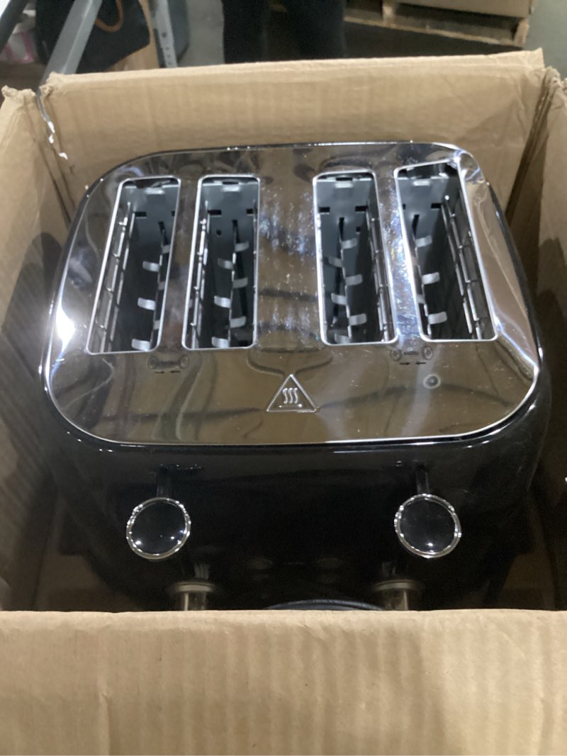 Condition photo showing Good Condition for not tested**** amazon basics 4 slice toaster, 6 browning settings, removable crumb tray, bagel and defrost function, cancel button, 1600w, black black 4 slice toaster