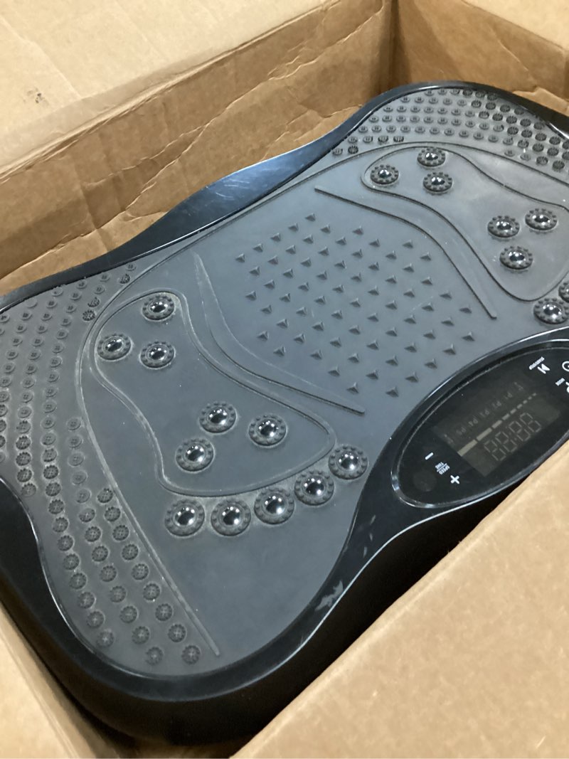 Condition photo showing As Is for vibration plate exercise machine, 130 levels full body workout vibrating plate for lymphatic drainage weight loss, 450 lbs capacity shake platform with resistance bands bluetooth for women men black