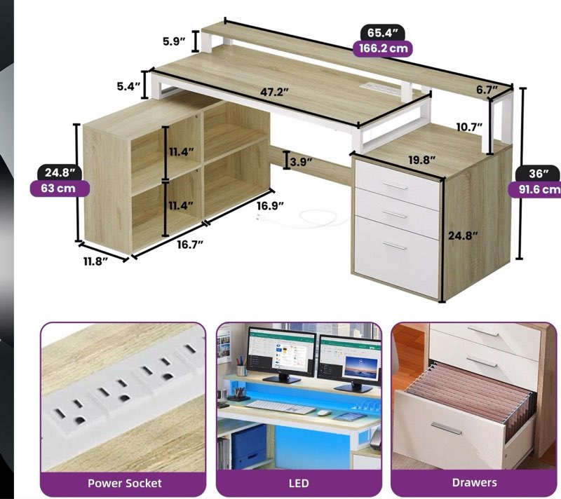 Moasis 65\" Computer Desk with Filing Cabinet and Storage Shelves, LED Lighting Corner Home Office Desk