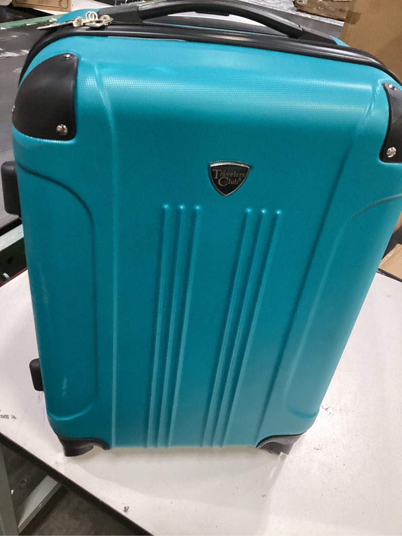 Condition photo showing As Is for travelers club chicago hardside expandable spinner luggage, teal, 22" carry-on 22" carry-on teal