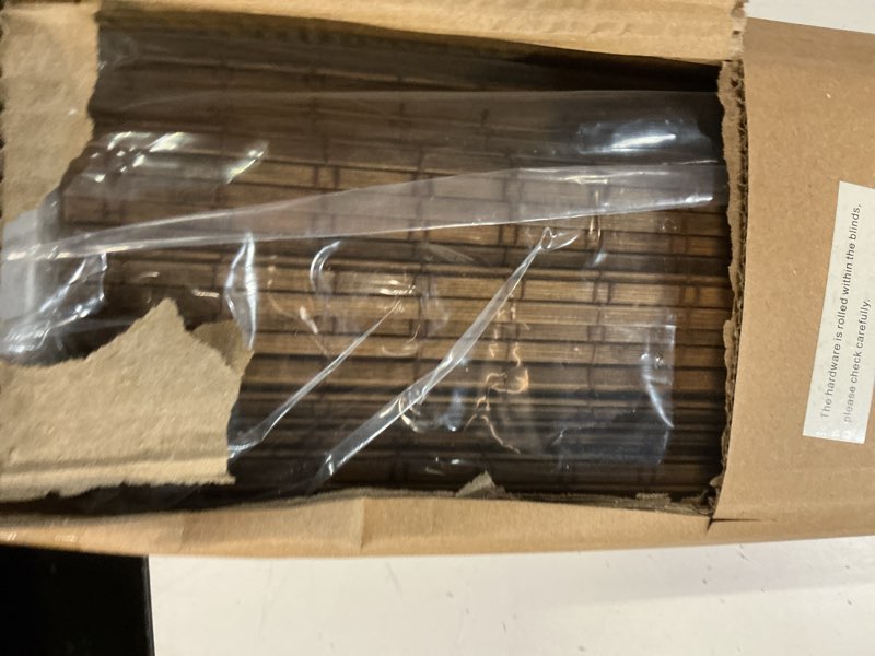 Condition photo showing Good Condition for lazblinds cordless bamboo roman shades, privacy blinds for interior windows, room darkening roll up bamboo blinds for home & patio, 29.5" w x 64" h, highfield teak pricacy - highfield teak 29.5" w x 64" h