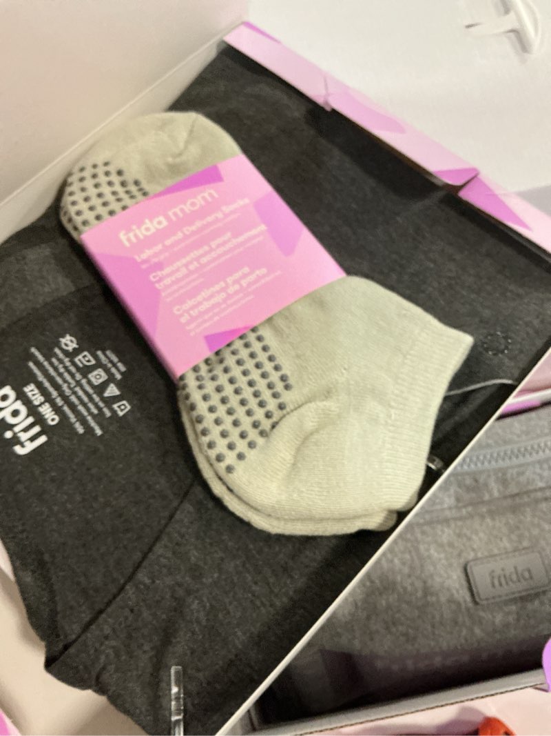 Condition photo showing New/Like New for Frida Mom 15pc Labor & Postpartum Kit Gift Set for Baby Showers & Mom to Be, Includes Peri Bottle, Nursing Gown, Disposable Underwear, Ice Maxi Pads, Pad Liners, Perineal Foam, Socks & Toiletry Bag
