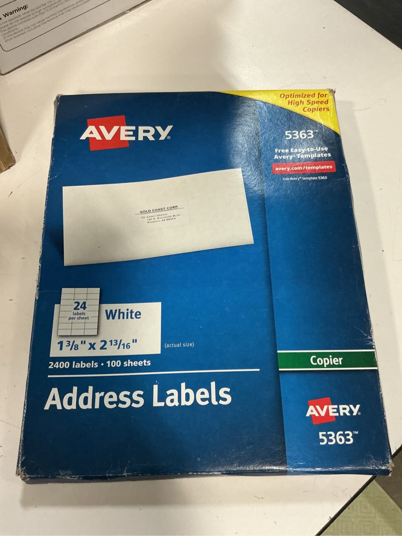 Condition photo showing New/Like New for avery printable address labels for copiers, 1-3/8" x 2-13/16", white, 2,400 blank mailing labels (05363) 1-3/8" x 2-13/16" 2,400 labels