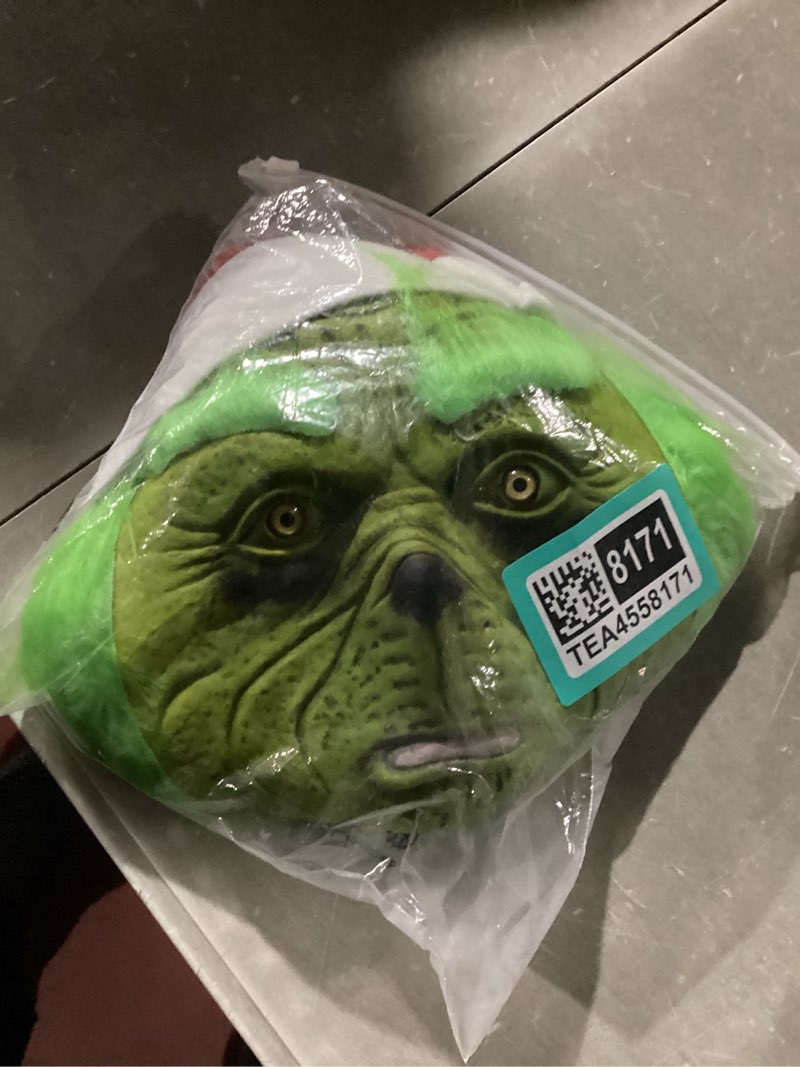 Condition photo showing New/Like New for GreenMonster Mask with Santa Hat, Green Christmas Character Costume Accessory for Adults Green Face Mask