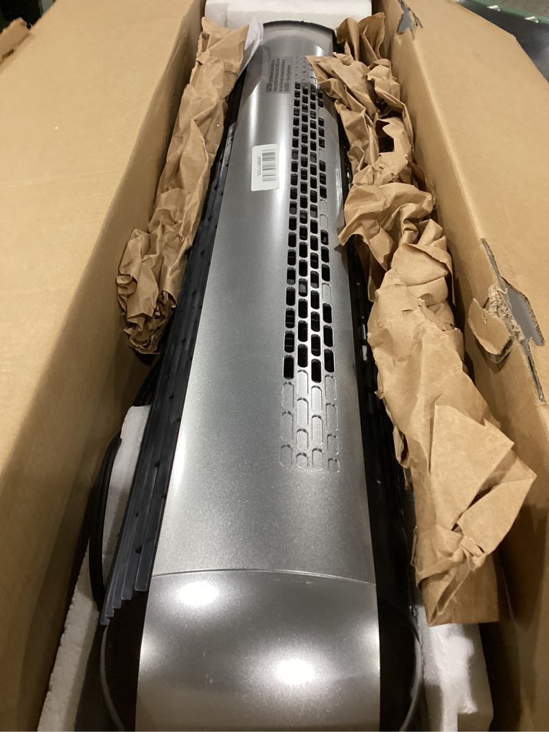 Condition photo showing As Is for used not tested dreo tower fan and heater combo, 29.2ft/s standing fans for bedroom, 17 levels, 6 modes, 120° oscillation, 42 inch, 12h timer, 25db quiet, with remote, for office, large room, silver