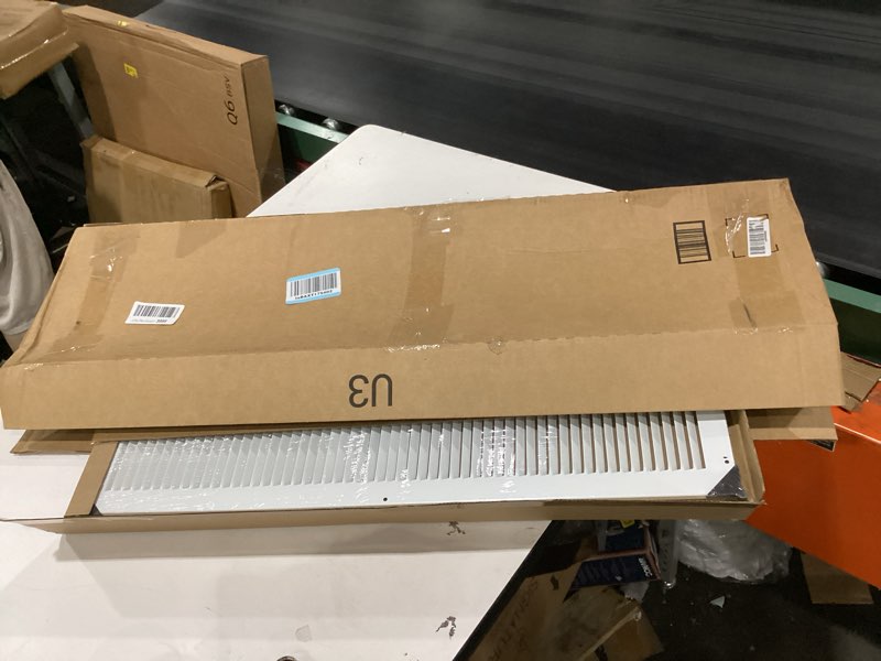 Condition photo showing Good Condition for hvac premium 6" x 28" [duct opening] flat stamped steel return air grille - sidewall and ceiling - hvac vent duct cover - white [outer dimensions: 7.75w x 29.75h]