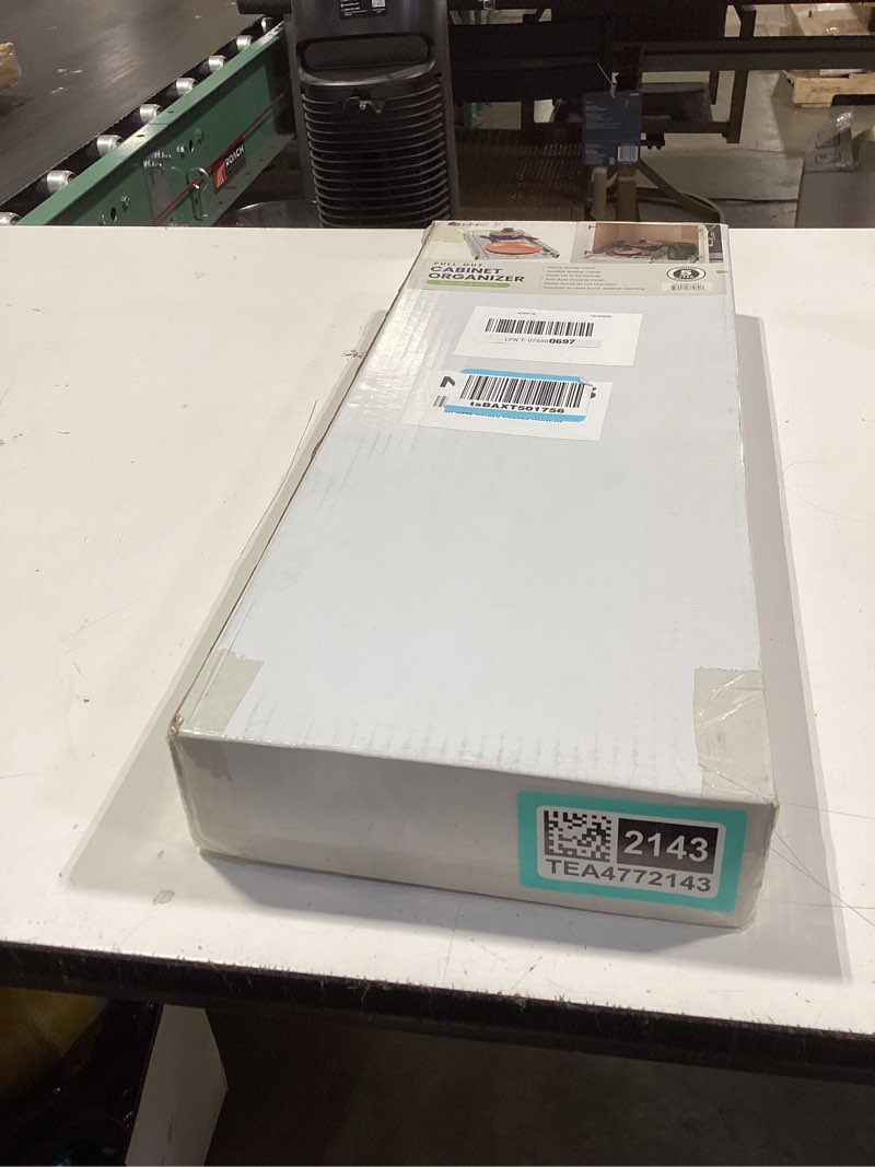 Condition photo showing New/Like New for holdn’ storage pull out cabinet organizer, heavy duty caddy w/lifetime limited warranty - 8”w x 21”d - requires at least 9-1/4” cabinet opening, steel metal cabinet drawers slide out, chrome 8"w x 21"d