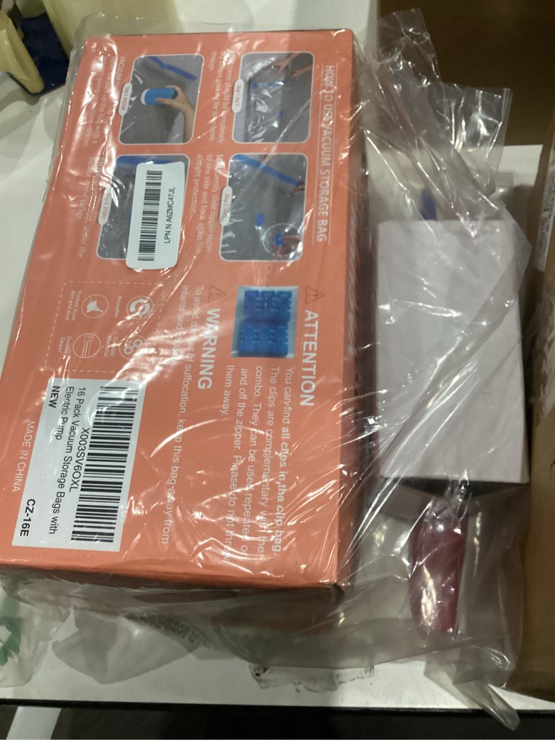 Condition photo showing New/Like New for Cozy Essential 16 Pack Travel Vacuum Storage Bags with Rechargeable Wireless Electric Pump for Luggage, Suitcase, Carry-on Size Vacuum Seal Compression Space Saver Bags for Clothes and Clothing Travel 16 Pack-E