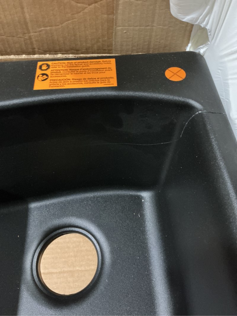 Condition photo showing As Is for kohler ealing drop-in or undermount double equal bowl kitchen sink only black