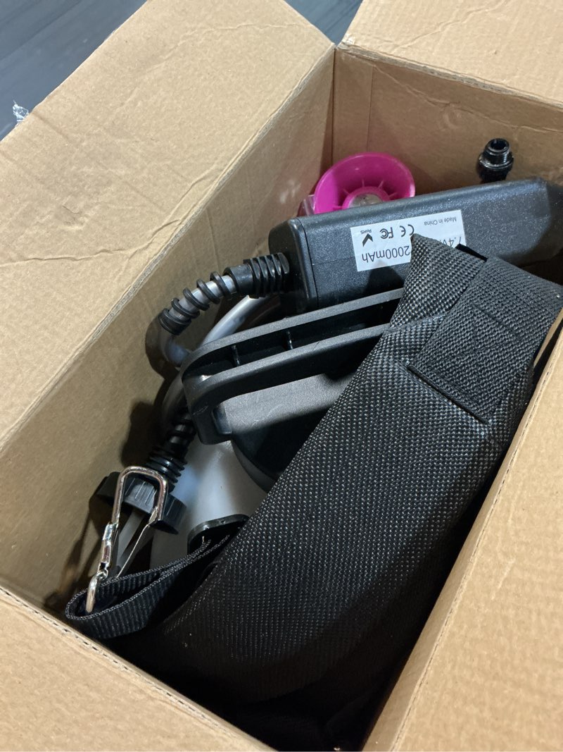 Condition photo showing As Is for vaxmay battery powered sprayer 3.2 gallon, backpack sprayer with 3 adjustable forces, battery indicator, 5 mist nozzles, 41" retractable wand, usb rechargeable garden sprayer for weed lawn yard