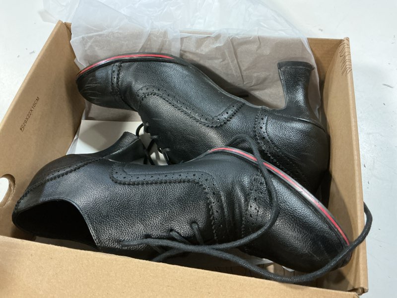 Condition photo showing As Is for women's black oxfords dress wingtip vintage comfortable chunky high heel lace up brogues booties 10 1 black