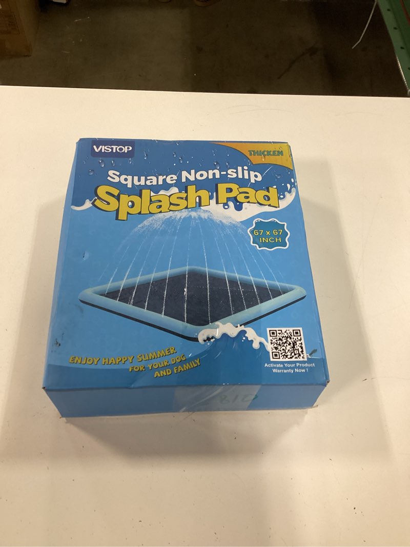 Condition photo showing New/Like New for vistop non-slip splash pad for kids and dog, thicken sprinkler pool summer outdoor water toys - fun backyard fountain play mat for baby girls boys children or pet dog (67 * 67 inch, blue&blue) 67 inch square blue&blue