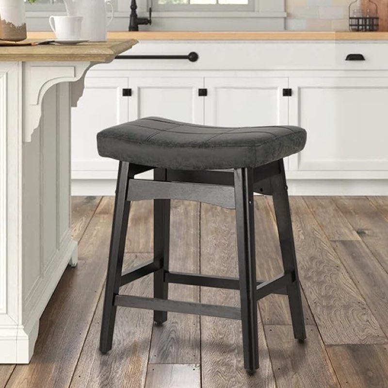 24" Solid Wood Saddle Bar Stools Ideal for Kitchen Island and Counter Seat Color / Frame Color: PU Black Seat / Black Frame