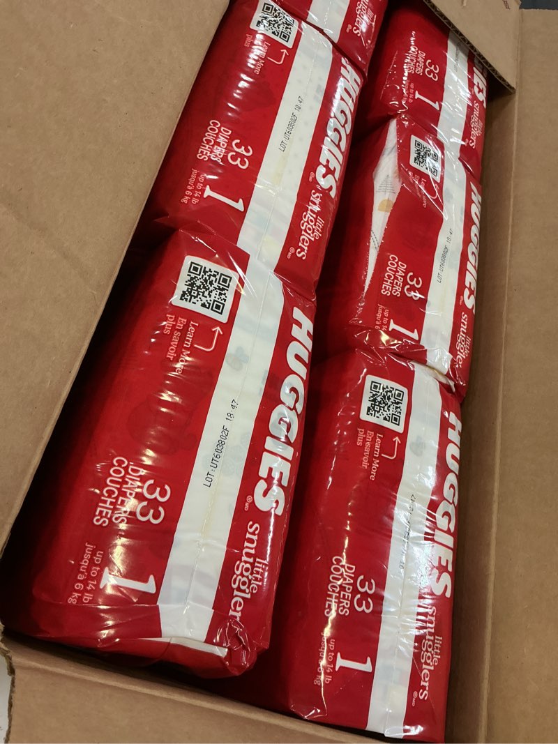 Condition photo showing New/Like New for huggies size 1 diapers, little snugglers diapers, size 1 (8-14 lbs), 198 count (6 packs of 33), packaging may vary