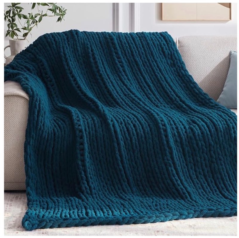 Negwoo Chunky Knit Throw Blanket, 60''*80'' Knitted Throw Chenille Yarn for Bed Couch, Handmade Peac