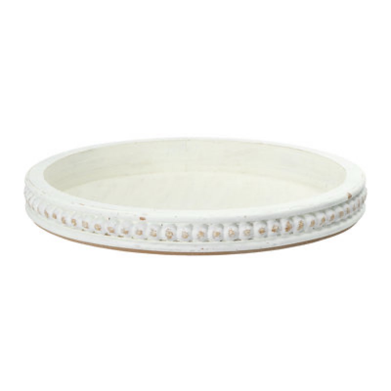 hpc decor 15in oval wooden tray - white beaded serving tray, rustic farmhouse vintage centerpiece, kitchen & living room decor 15inch oval. brown 