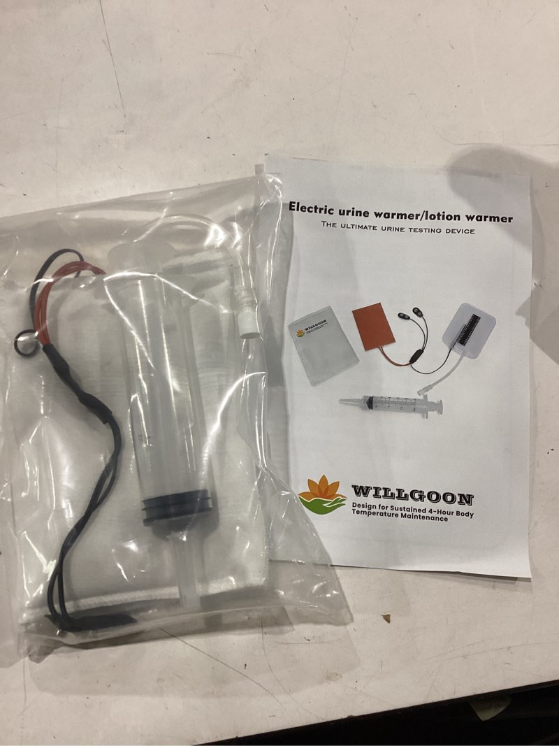 Condition photo showing New/Like New for electric urine warmer, maintains 37°c/98.6°f for up to 4 hours, equipped with visual temperature strip, temperature sensor for real-time monitoring, flexible heating pad for uniform heating
