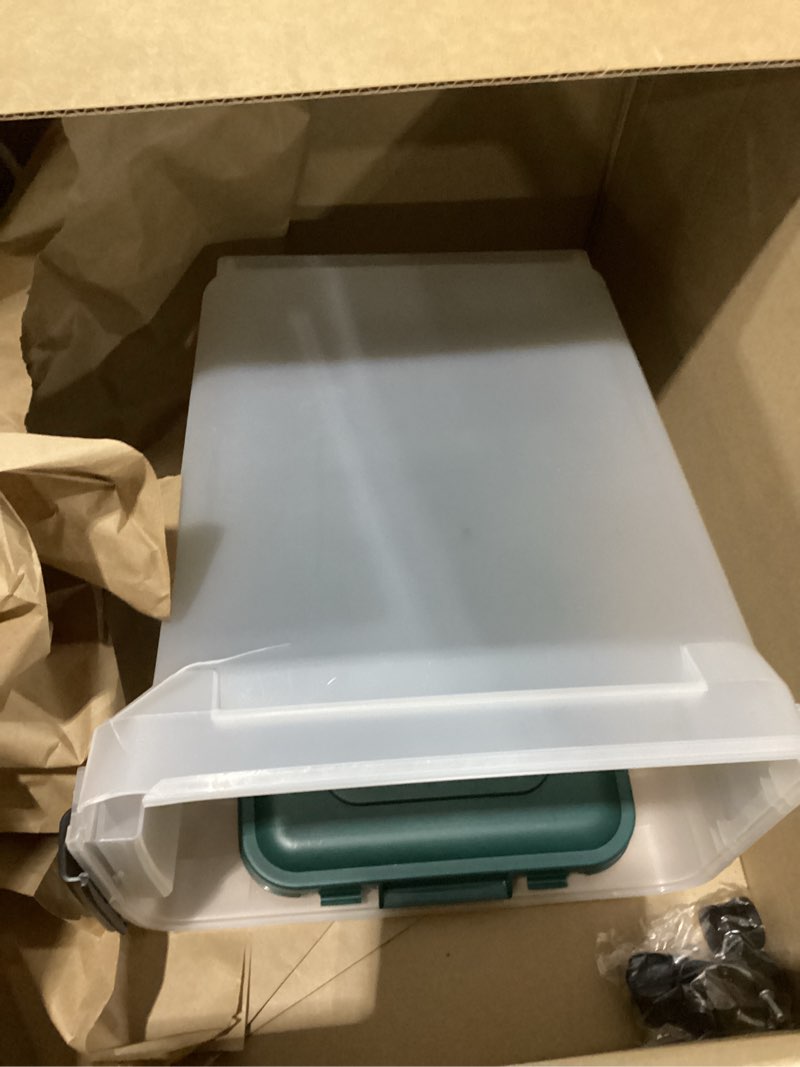 Condition photo showing As Is for **damaged**iris usa, inc. remington airtight pet food storage container, 22-pounds, hunter green 22 lbs