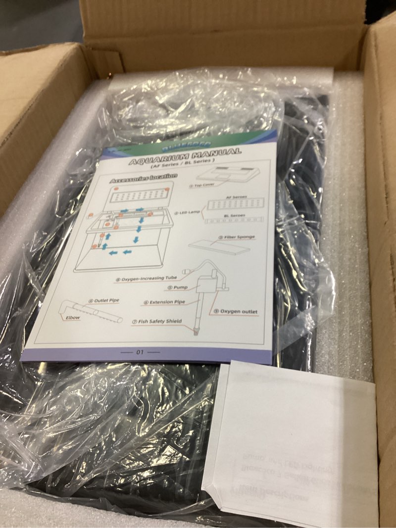 Condition photo showing New/Like New for Glass Aquarium Starter Kit with Flip-Top Feeding Port for Betta Fish: Crystal Clear Viewing, Eco-Cycle Filtration, Air Pump, and LED Lighting 6 Gallons