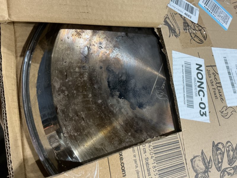 Condition photo showing As Is for 16" tri-ply stainless steel paella pan – 9 servings – rust-free, no seasoning, induction + oven safe – paellera for paella, searing, frying & outdoor cooking with heat-resistant handle covers