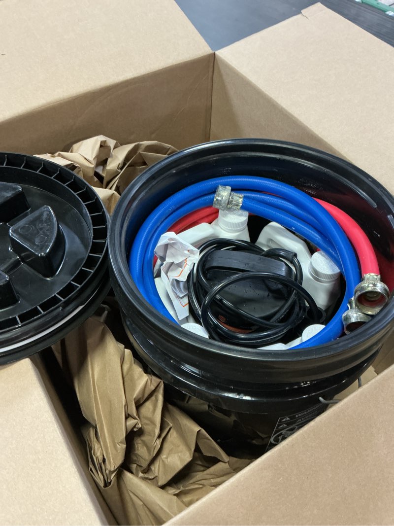 Condition photo showing Good Condition for safetech tankless water heater flushing kit with 5-gallon screw-top lid, premium hoses, 1/6 hp utility pump, 4 quarts descaler, and pump grate