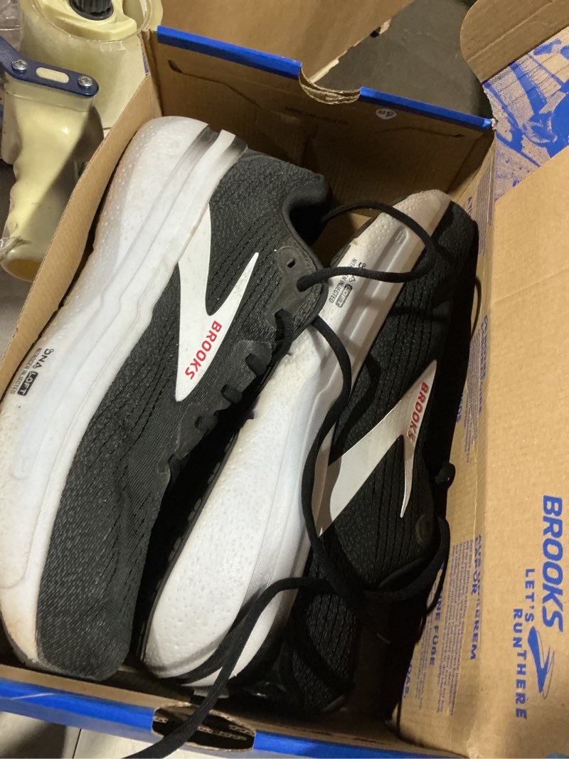 Condition photo showing As Is for brooks men’s ghost max 2 running and walking shoes 11.5 black/white/fiery red