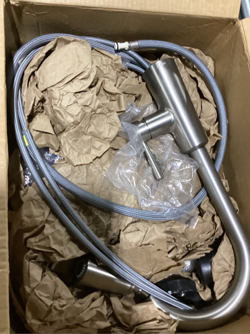 Condition photo showing As Is for moen riley spot resist stainless one-handle modern pulldown kitchen faucet featuring power clean and reflex docking system for the spray head, 7402srs standard spot resist stainless