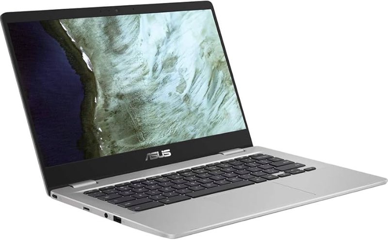 asus chromebook c423 14.0" 180 degree hd nanoedge display, intel dual core celeron processor, 4gb lpddr4 ram, 32gb storage, silver color, c423na-dh02