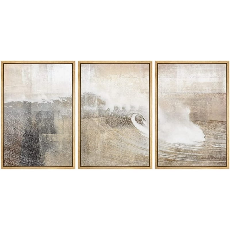 wall26 framed canvas print wall art set gray & tan color block ocean wave overlay nature wilderness digital art modern art rustic scenic for living room, bedroom, office - 24"x36"x3 nat