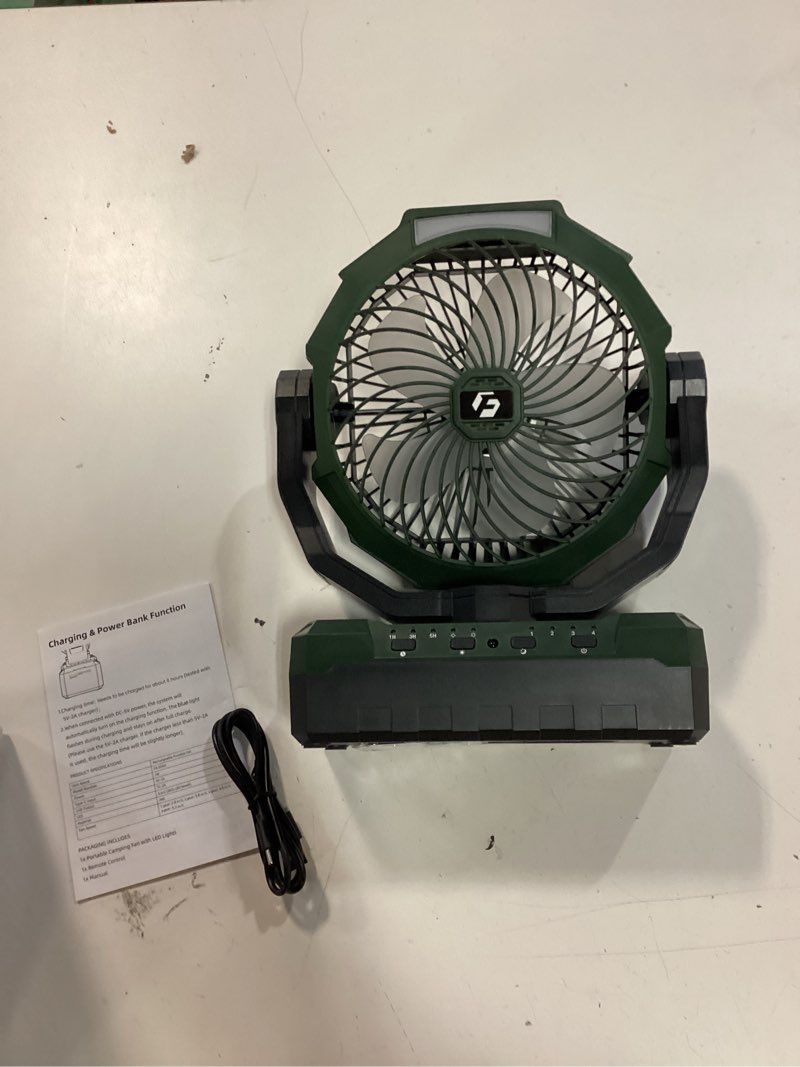 Condition photo showing New/Like New for frizcol 3-in-1 camping fan - portable fans rechargeable - 24000mah battery powered fan with light & remote for indoor, outdoor, tent, travel, fishing, jobsite, gifts for men dad him - green 24000mah internal green