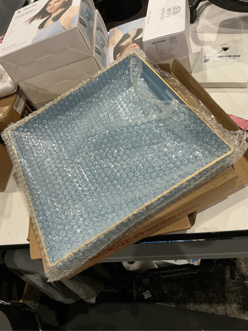 Condition photo showing Good Condition for spsyrine light blue decorative tray for living room, square modern plastic coffee serving table tray for ottoman bathroom kitchen, 13"*13". bs002r