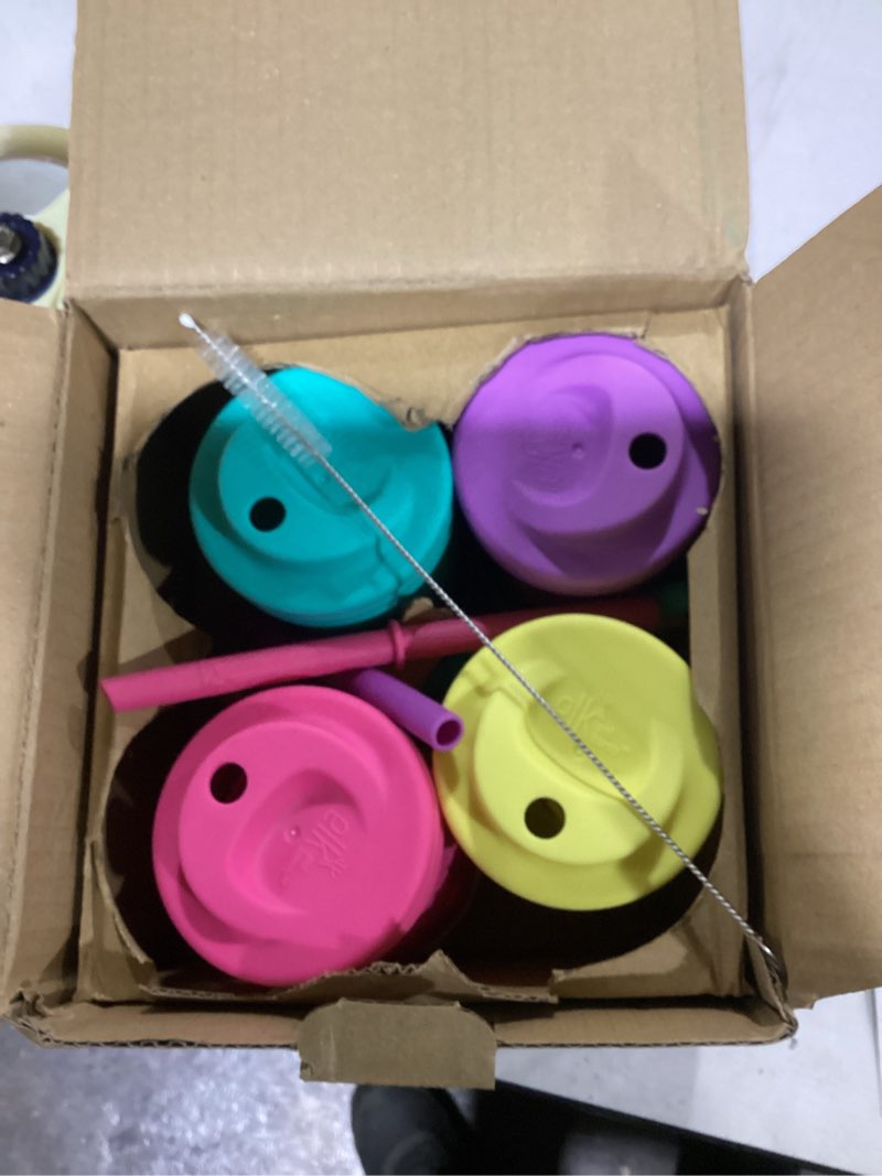 Condition photo showing Good Condition for Elk and Friends Kids + Toddler Glass Cups | The Original 8oz Glass Mason Jar with Sleeves + Lids | Silicone Straws + Stopper | Smoothie Cup | Food Storage | Spill Resistant | Dishwasher Safe | 4 Pack Purple/Pink/Teal/Yellow 4 Pack