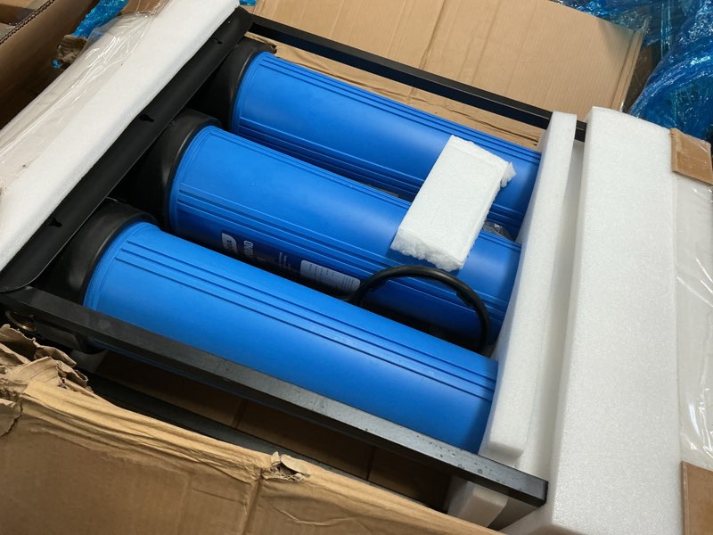 Condition photo showing As Is for hqua wf3-02 3-stage free-standing whole house water filtration system, reduce..