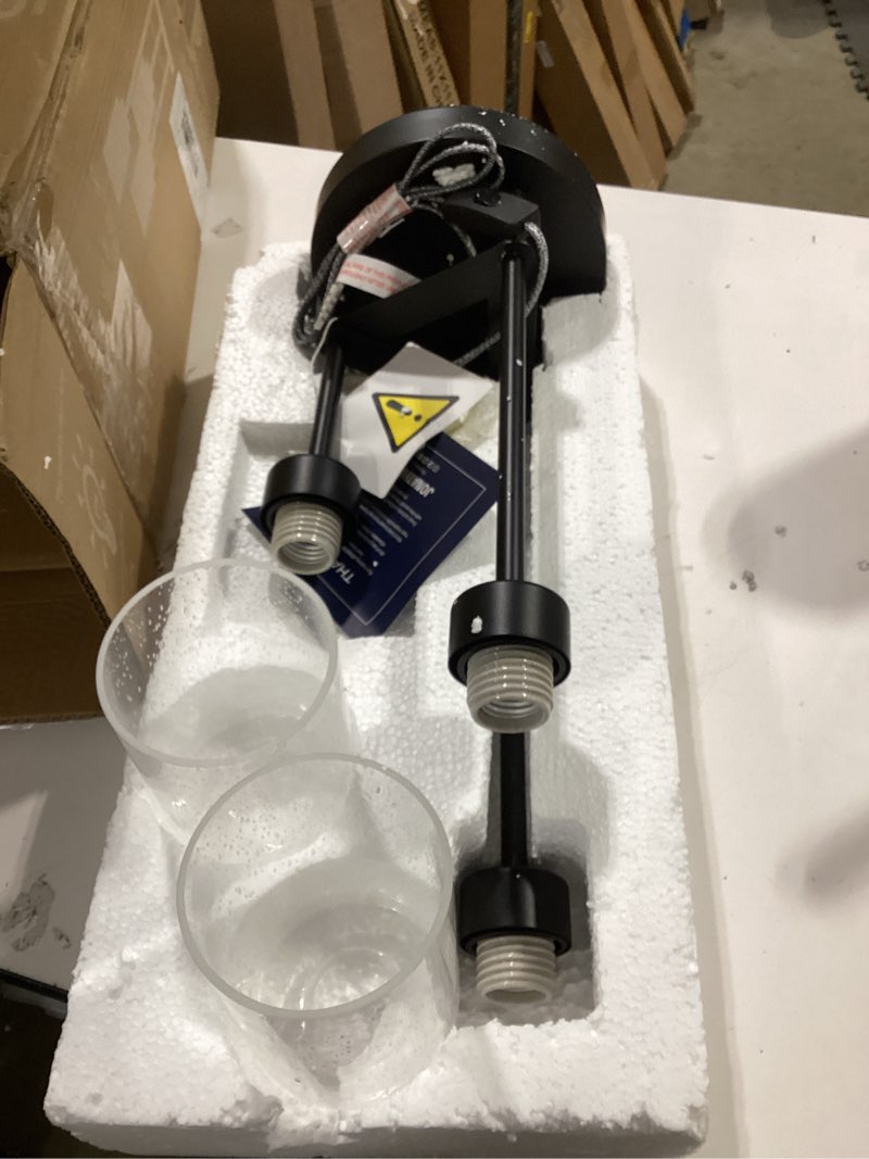 Condition photo showing Good Condition for jonathan y 20.5" black 3-light modern industrial iron table lamp, farmhouse bedside lamp with seeded glass shades for bedroom, living room, ul listed, led bulbs included jyl3084a