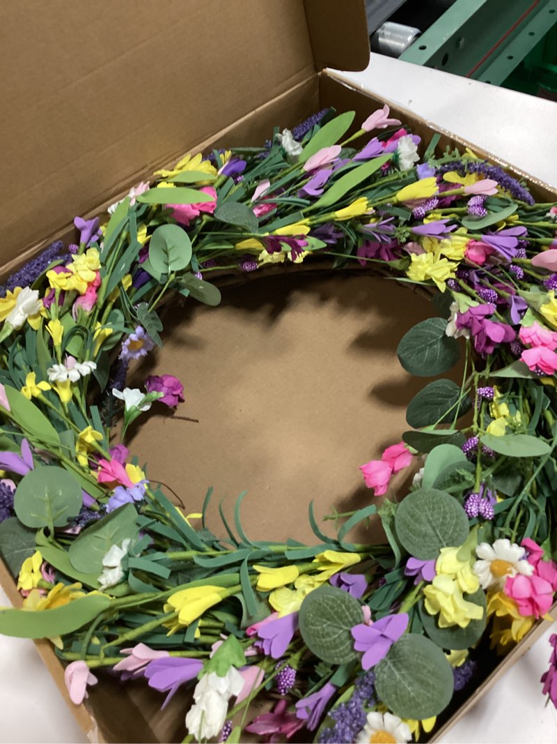 Condition photo showing New/Like New for j'floru spring wreath 24 inch summer wreaths for front door artificial flower wreath with daisy and lavender for indoor outdoor and easter celebration