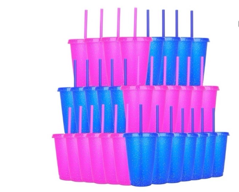 reusable cups with lids and straws, 16oz plastic party cups, holiday party favors, leak-proof tumblers, ideal happy birthday gift, 32 pack smoothie cups (32, light blue, rose) light blue, rose 32