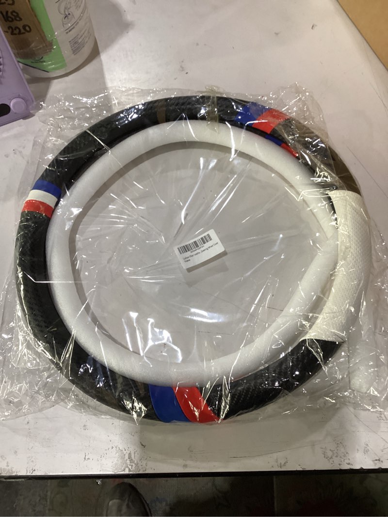 Condition photo showing New/Like New for carbon fiber leather sport car steering wheel cover sports steering wheel high-grade leather set stylish non-slip leather car interior 15 inches for all car steering wheel cover blue white red