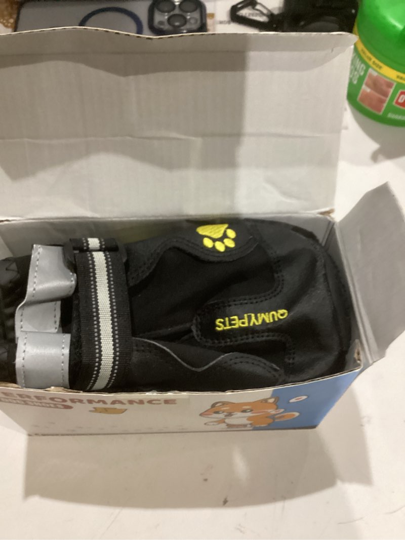 Condition photo showing Good Condition for QUMY Dog Shoes for Large Dogs, Medium Dog Boots & Paw Protectors for Winter Snowy Day, Summer Hot Pavement, Water-Resistant in Rainy Weather, Outdoor Walking, Indoor Hardfloors Skid-Resistant Sole Black Size 8: 3.0''x3.3"(W*L) (Pack of 4)
