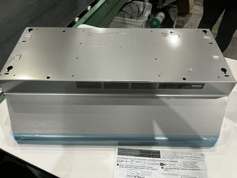Condition photo showing As Is for series 30-inch ductless under-cabinet range hood, stainless steel finish