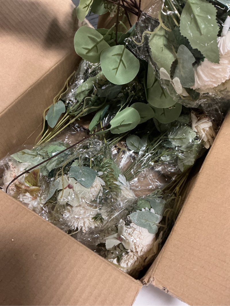 Condition photo showing Good Condition for artificial mum flowers7 bundles silk chrysanthemum flowers fake roses with eucalyptus, realistic faux peonies for vase arrangement, home decor, wedding table centerpiece - white