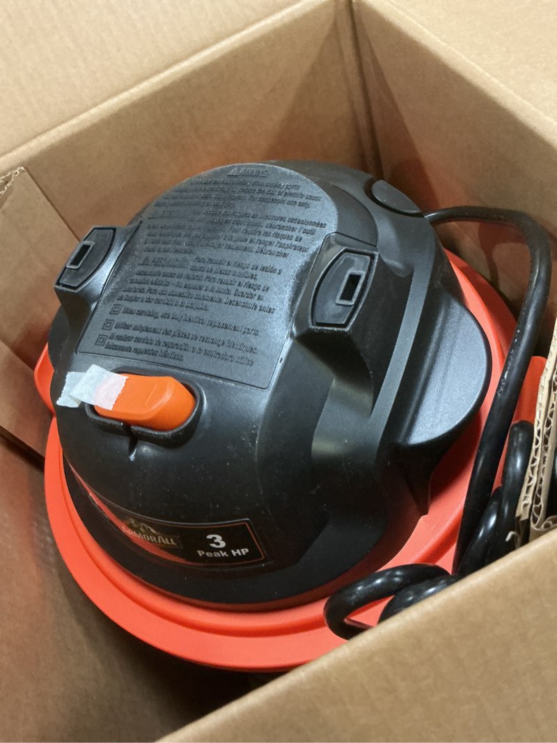 Condition photo showing As Is for armor all vo408s 0901 4 gallon 3 peak hp stainless steel wet/dry vacuum, orange