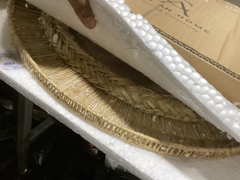Condition photo showing Good Condition for chi an home 24 inch natural jute mirror, wall mounted round mirror with metal frame, wall decor rustic farmhouse boho decor accent for bathroom, bedroom, living room, or entryway