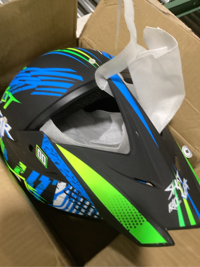 Condition photo showing Good Condition for youth sport full-face helmet for bmx, mountain bike & off-road motocross helmet, dot certified motorcycle helmet for dirt bike & atv, lightweight and comfortable, 4-piece set blue moden medium