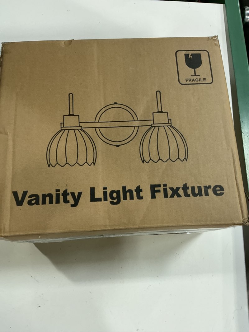 Condition photo showing New/Like New for bathroom light fixtures, 2-light brushed gold vanity lights for bathroom with ribbed amber tulip glass shade, vanity lights over mirror for bedroom, living room, hallway brushed gold - tulip amber 2-light