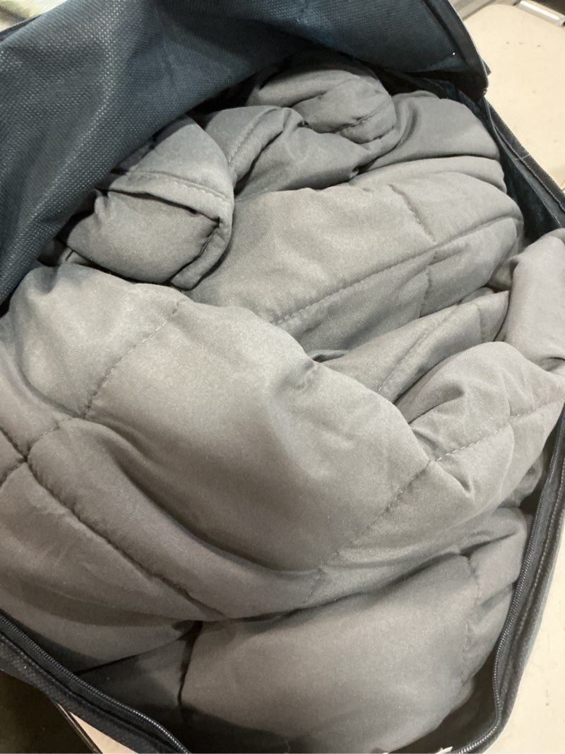 Condition photo showing As Is for l'agraty weighted blanket for adults- dark grey, 48"x72", 15lbs, twin full size heavy throw blanket, cooling, breathable, microfiber with glass beads, big, washable, all-season